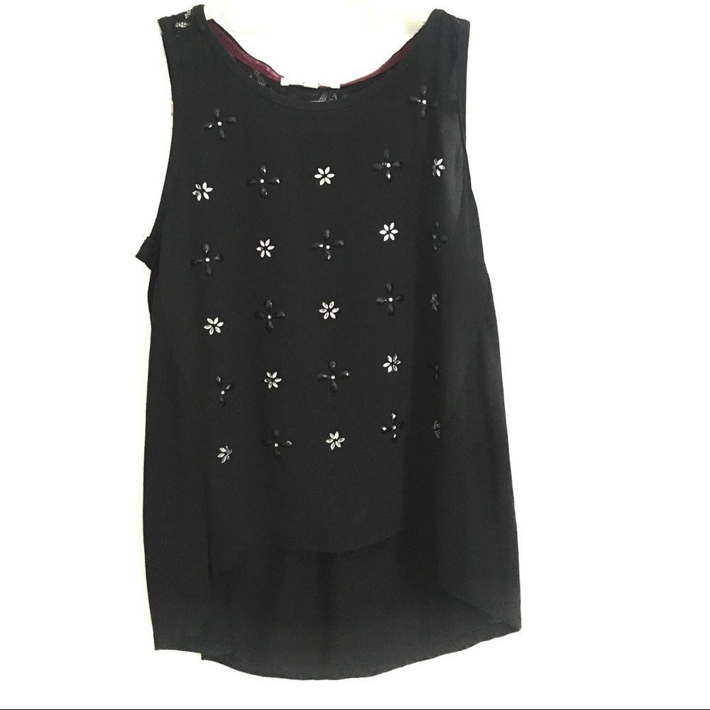 Rewind Black Tank Top Flowy Lace & Rhinestone Small
